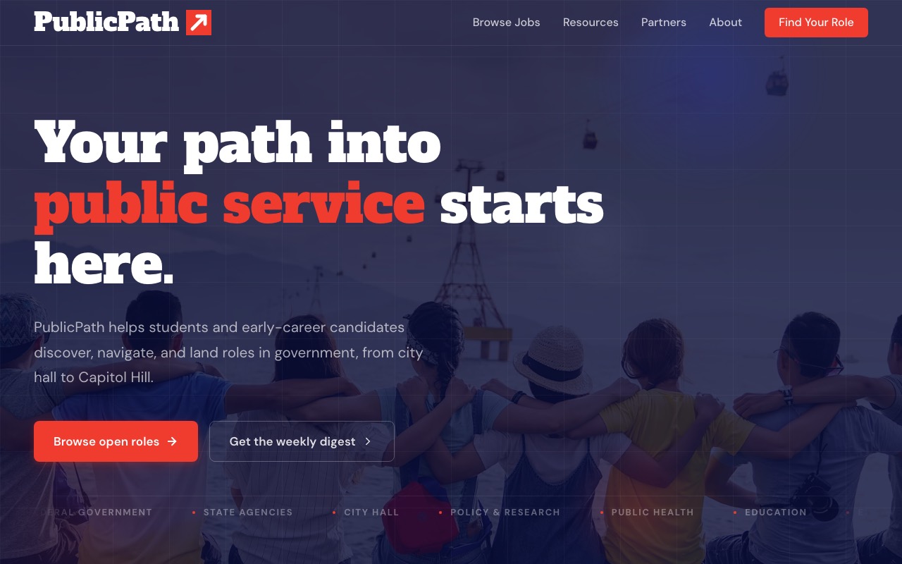PublicPath homepage with the headline ‘Your path into public service starts here’.